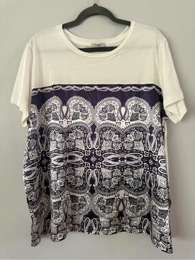 Studio 1886 Avon White Navy Paisley Bandana Scarf Panel Mixed Media Tee 1X